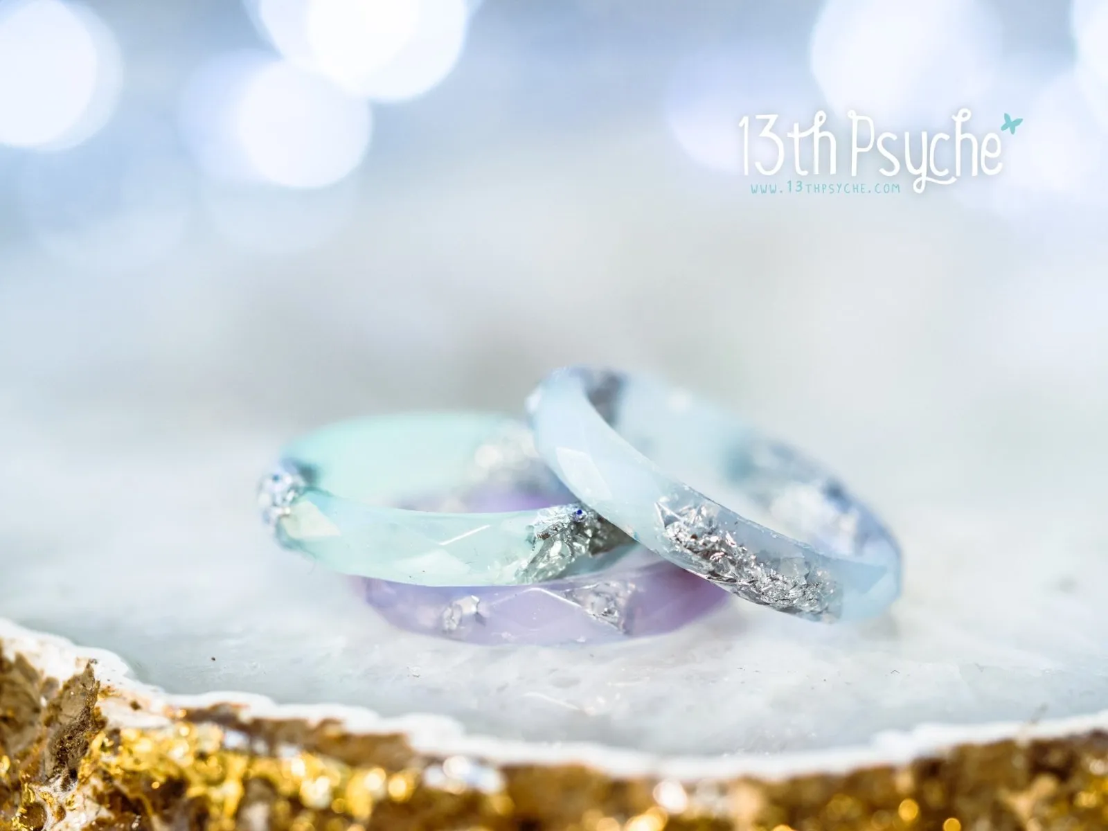 Pastel blue, purple and mint with silver flakes faceted resin ring set of 3