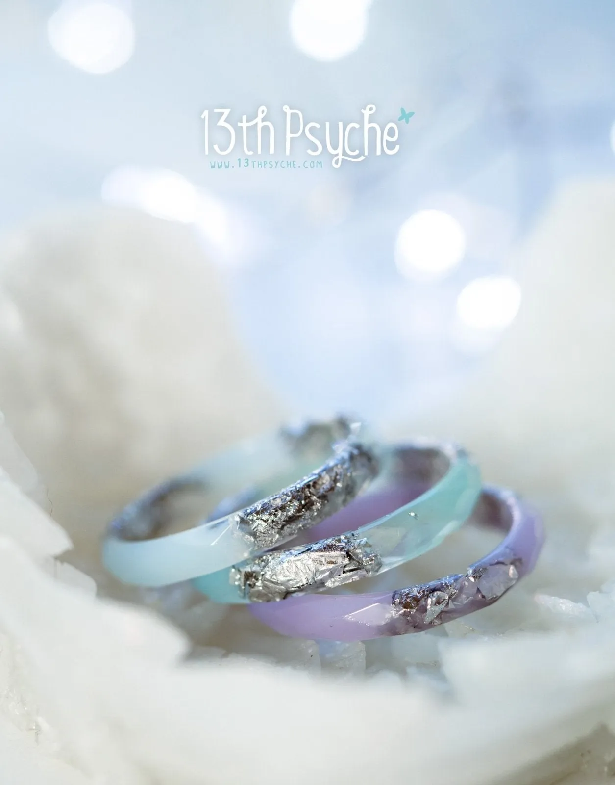 Pastel blue, purple and mint with silver flakes faceted resin ring set of 3