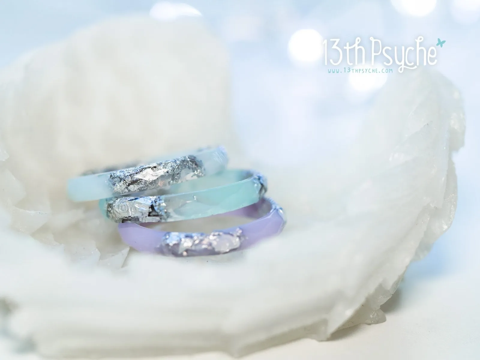 Pastel blue, purple and mint with silver flakes faceted resin ring set of 3