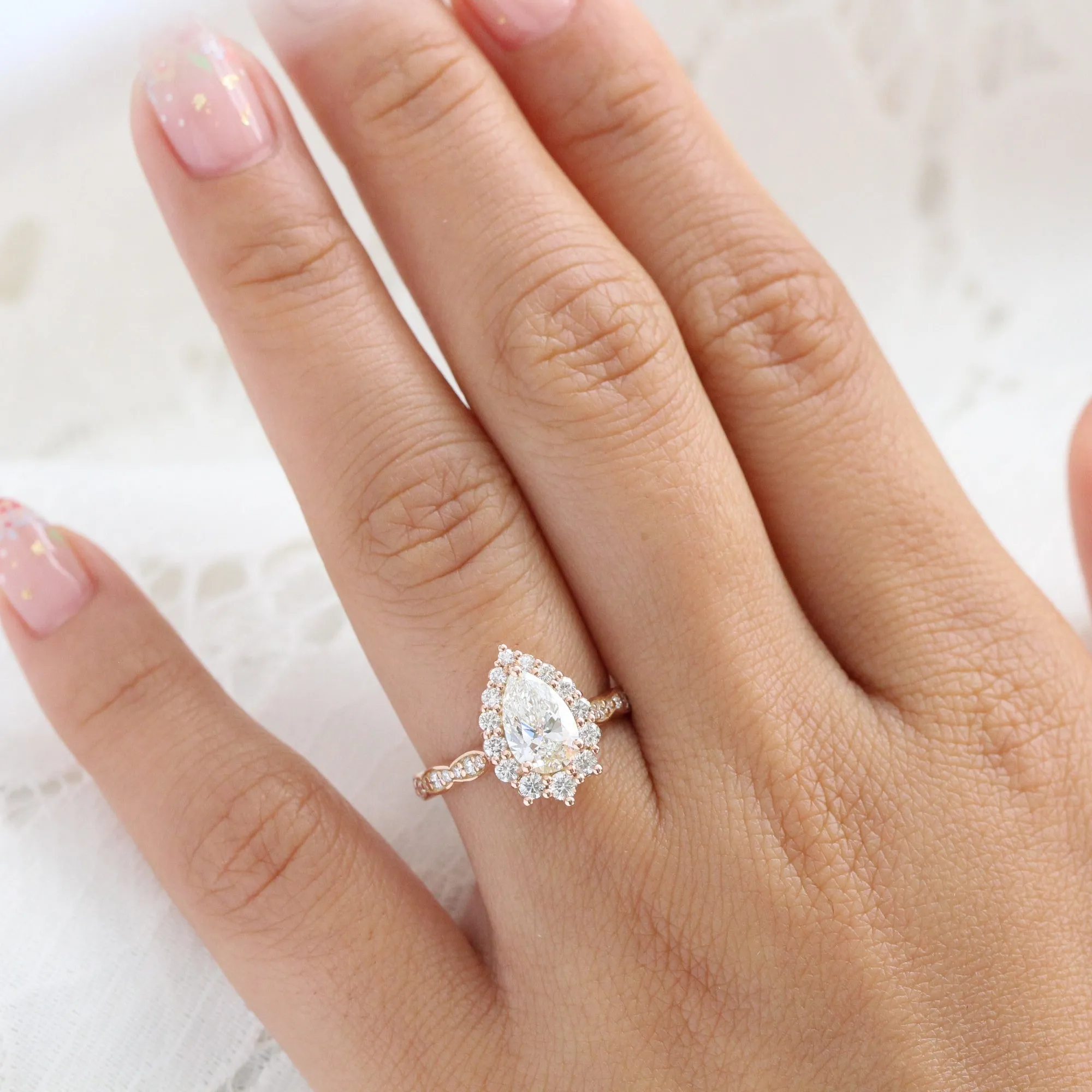 Pear Lab Diamond Scalloped Ring w/ Natural Diamonds in Tiara Halo Ring