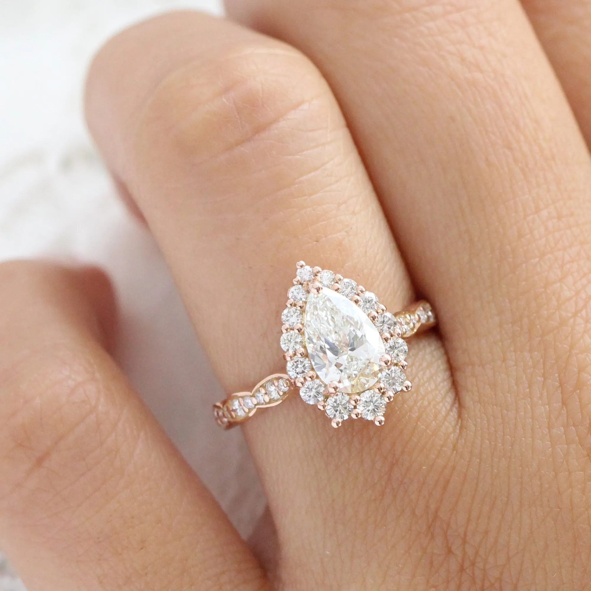 Pear Lab Diamond Scalloped Ring w/ Natural Diamonds in Tiara Halo Ring