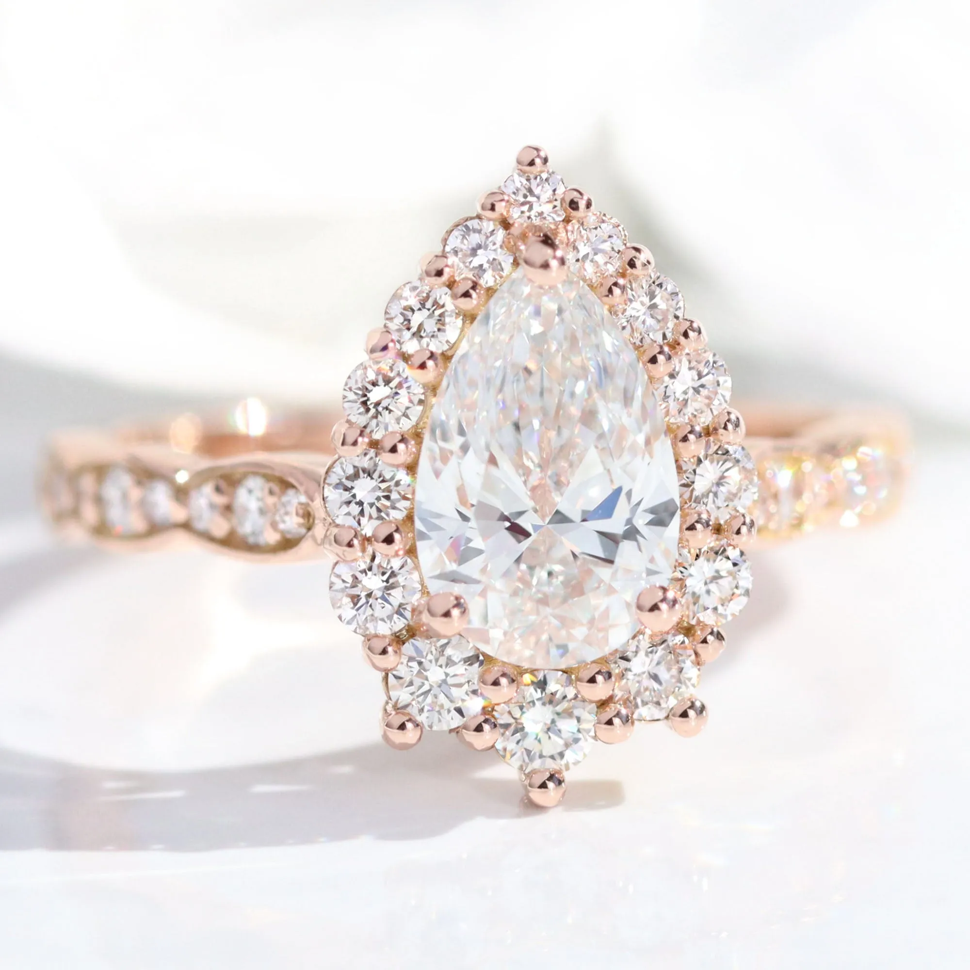 Pear Lab Diamond Scalloped Ring w/ Natural Diamonds in Tiara Halo Ring