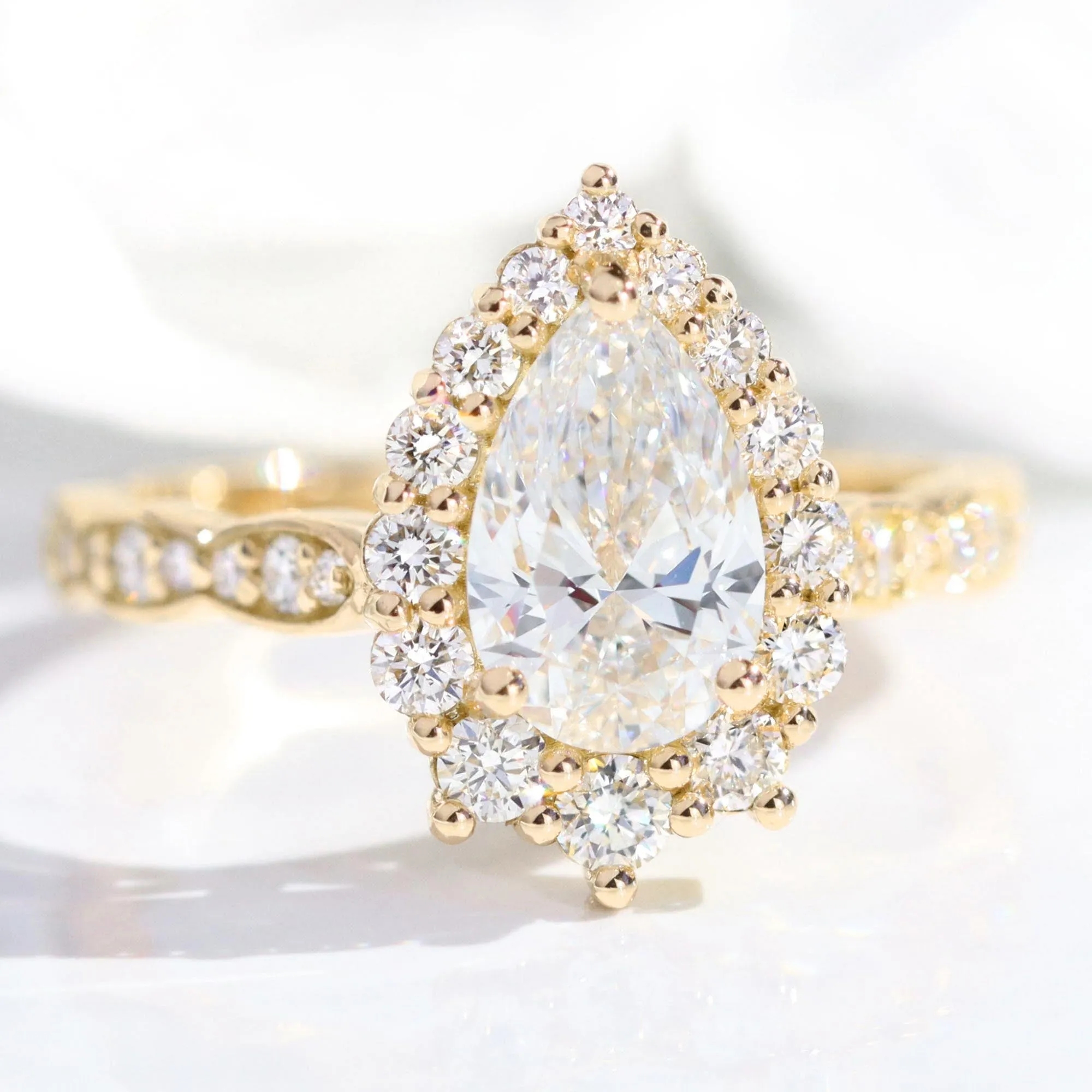 Pear Lab Diamond Scalloped Ring w/ Natural Diamonds in Tiara Halo Ring