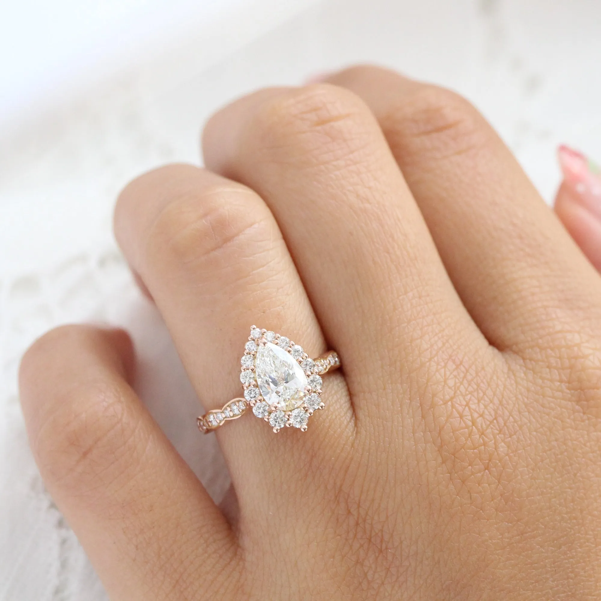 Pear Lab Diamond Scalloped Ring w/ Natural Diamonds in Tiara Halo Ring