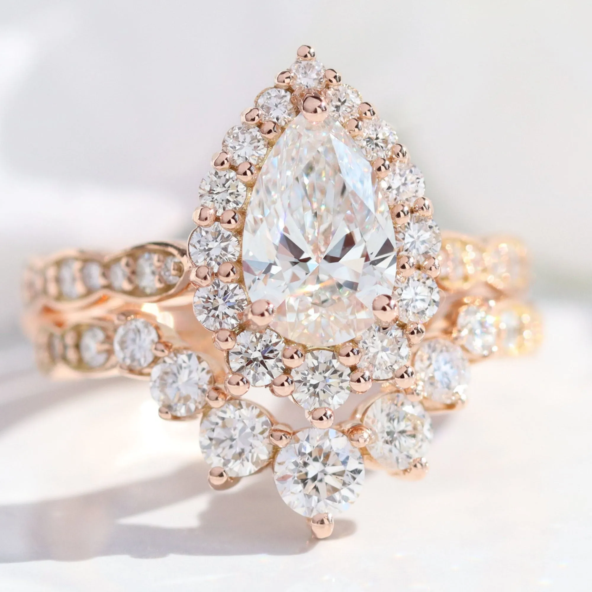 Pear Lab Diamond Scalloped Ring w/ Natural Diamonds in Tiara Halo Ring