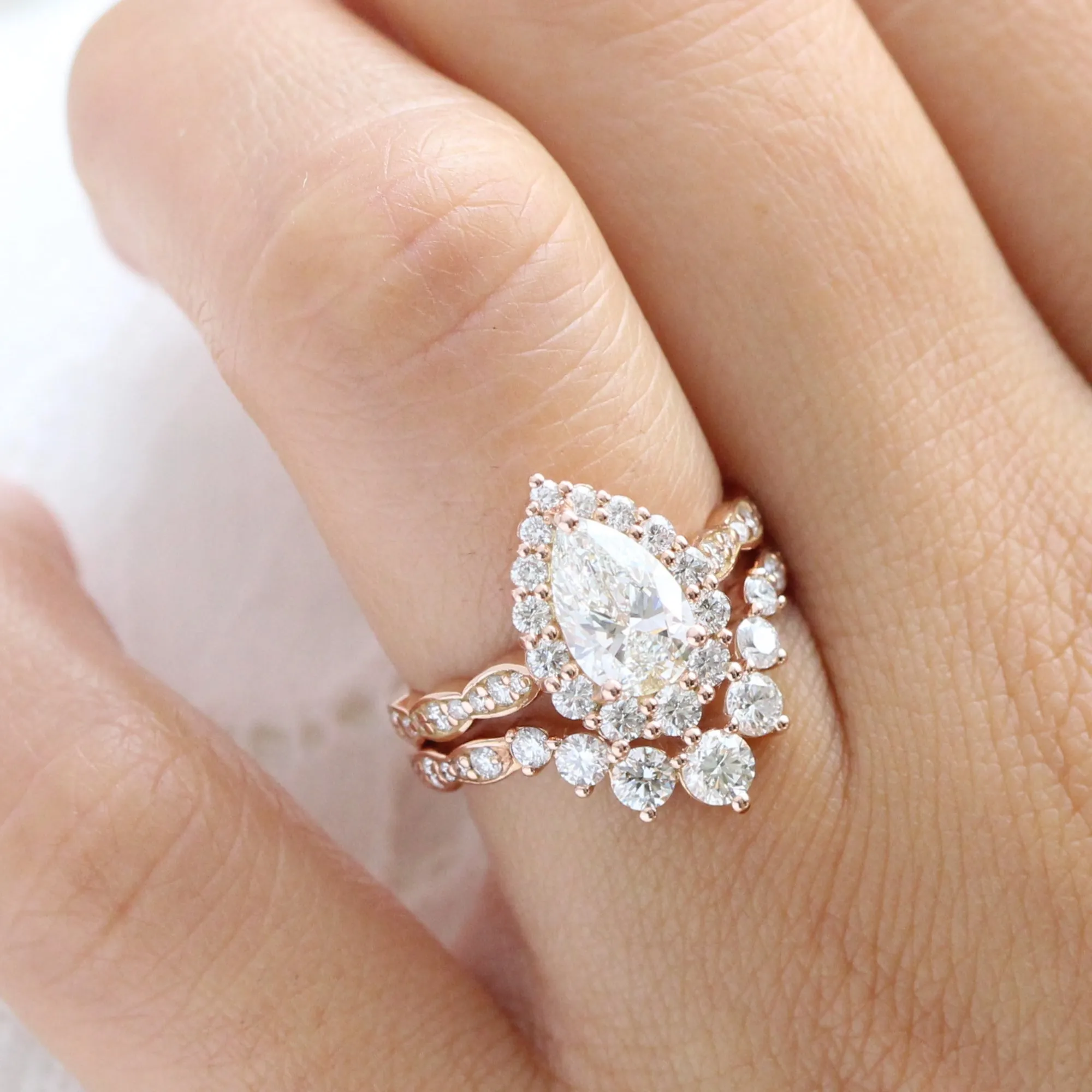 Pear Lab Diamond Scalloped Ring w/ Natural Diamonds in Tiara Halo Ring