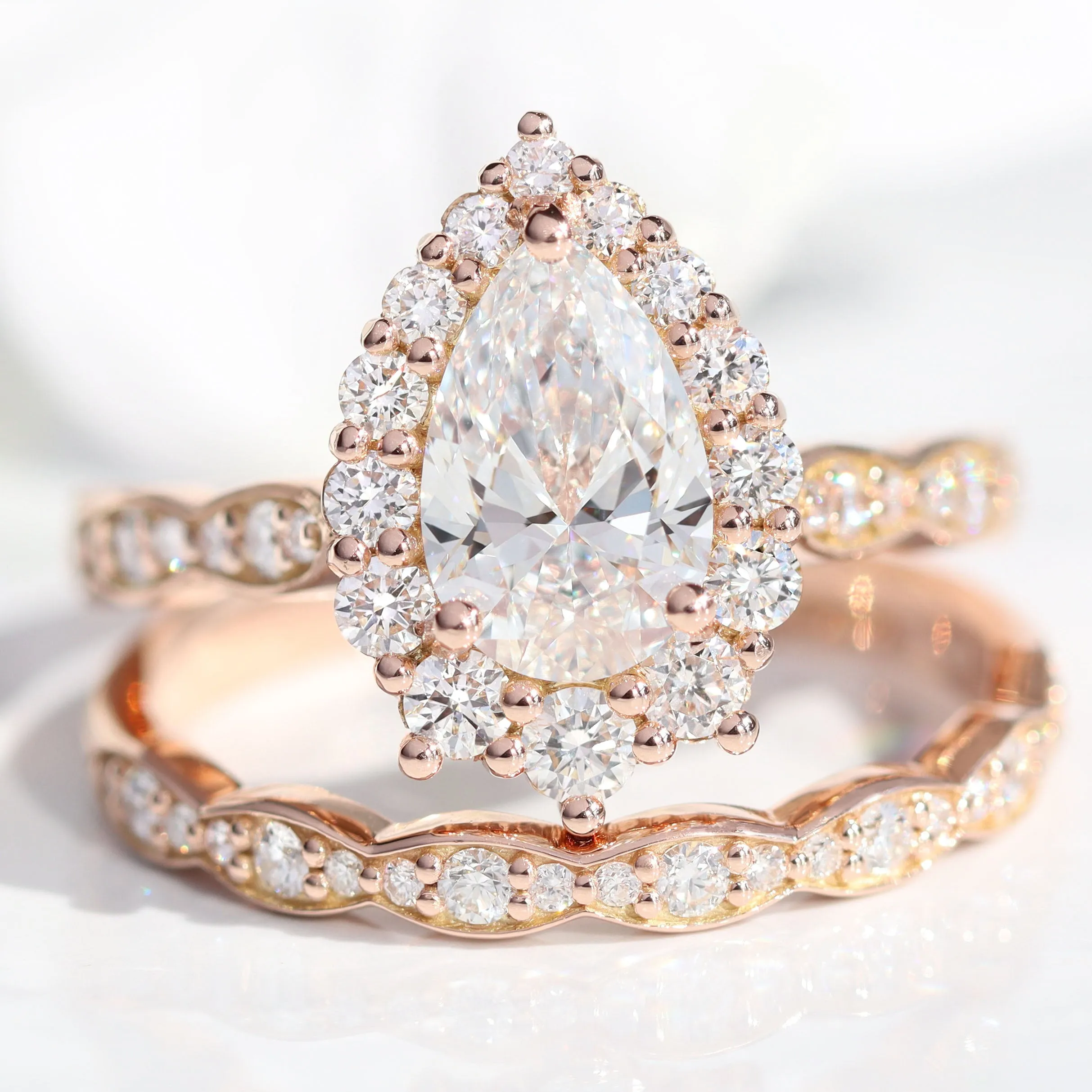 Pear Lab Diamond Scalloped Ring w/ Natural Diamonds in Tiara Halo Ring