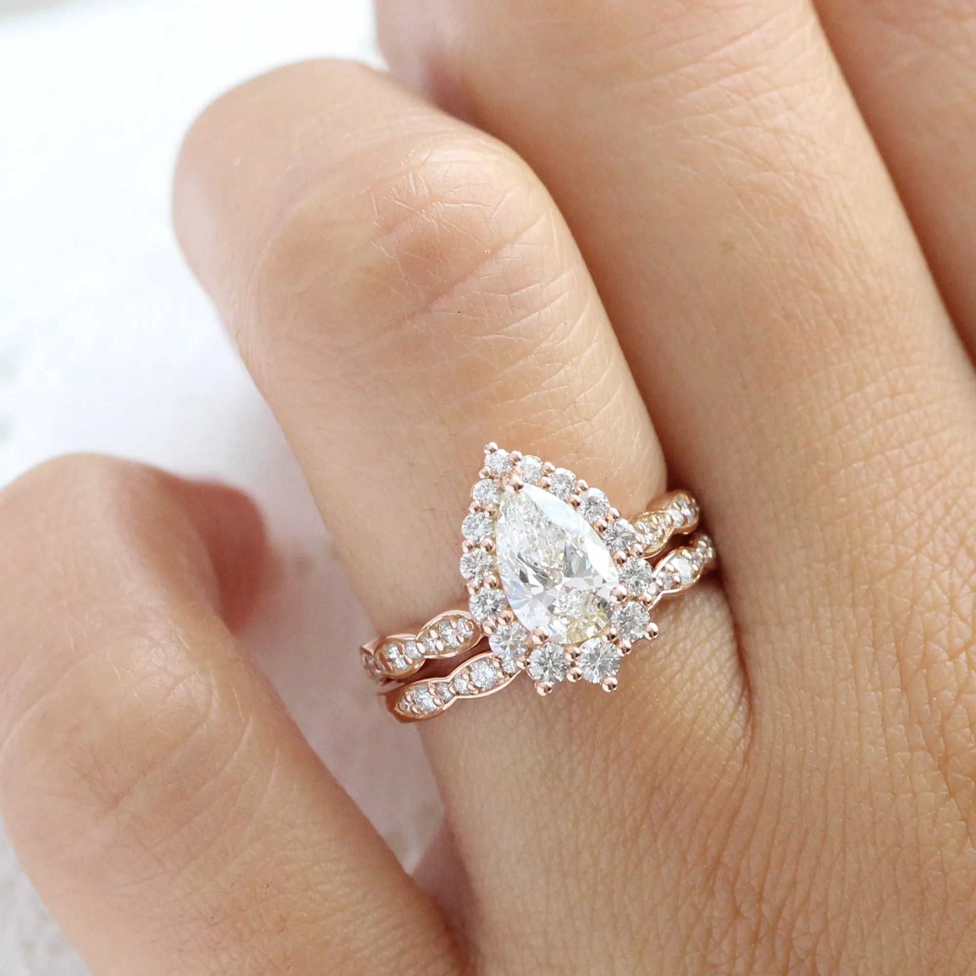 Pear Lab Diamond Scalloped Ring w/ Natural Diamonds in Tiara Halo Ring