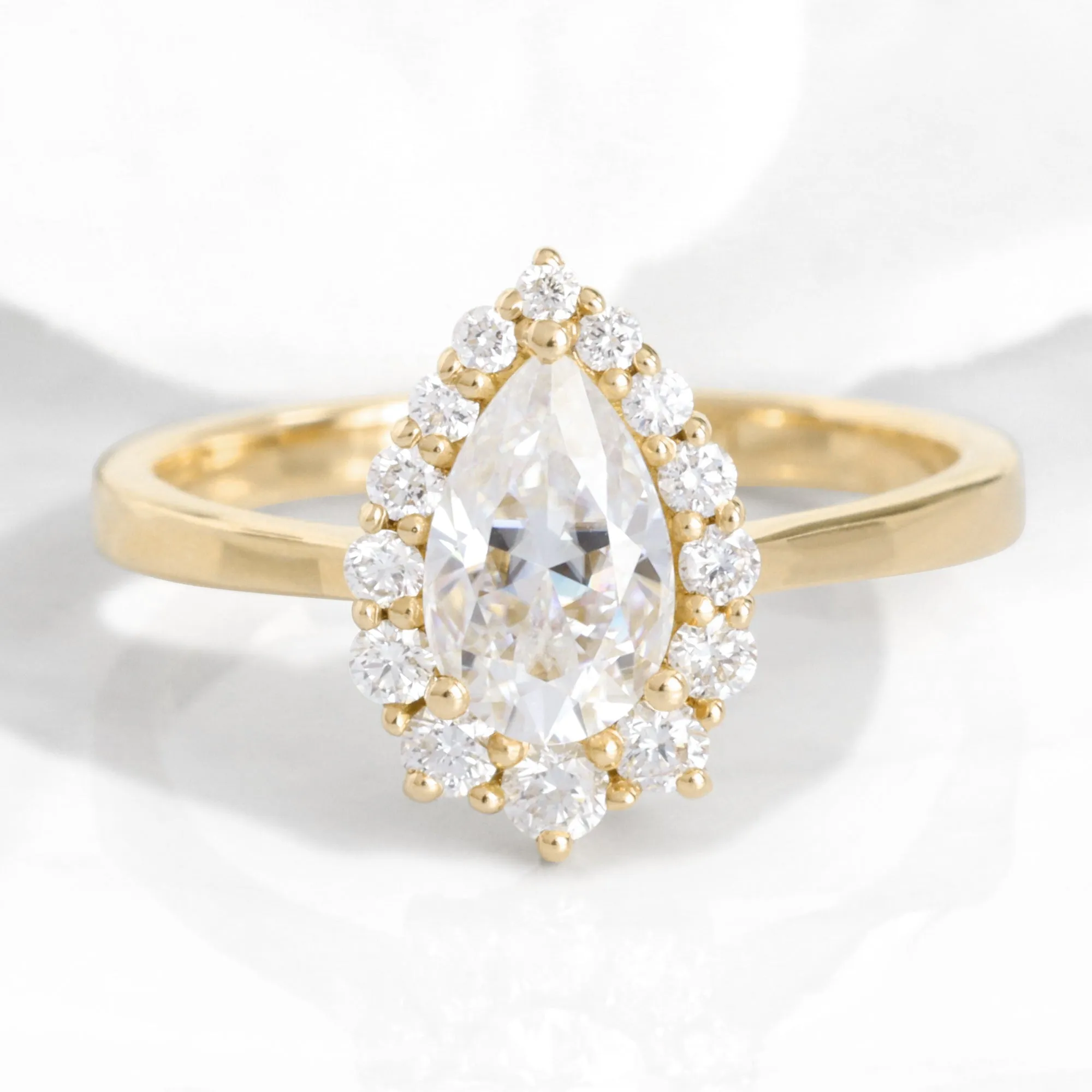 Pear Moissanite Engagement Ring in Tiara Halo Diamond Tapered Band