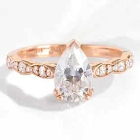 Pear Moissanite Solitaire Ring in 14k Rose Gold Scalloped Diamond Band, Size 6.25