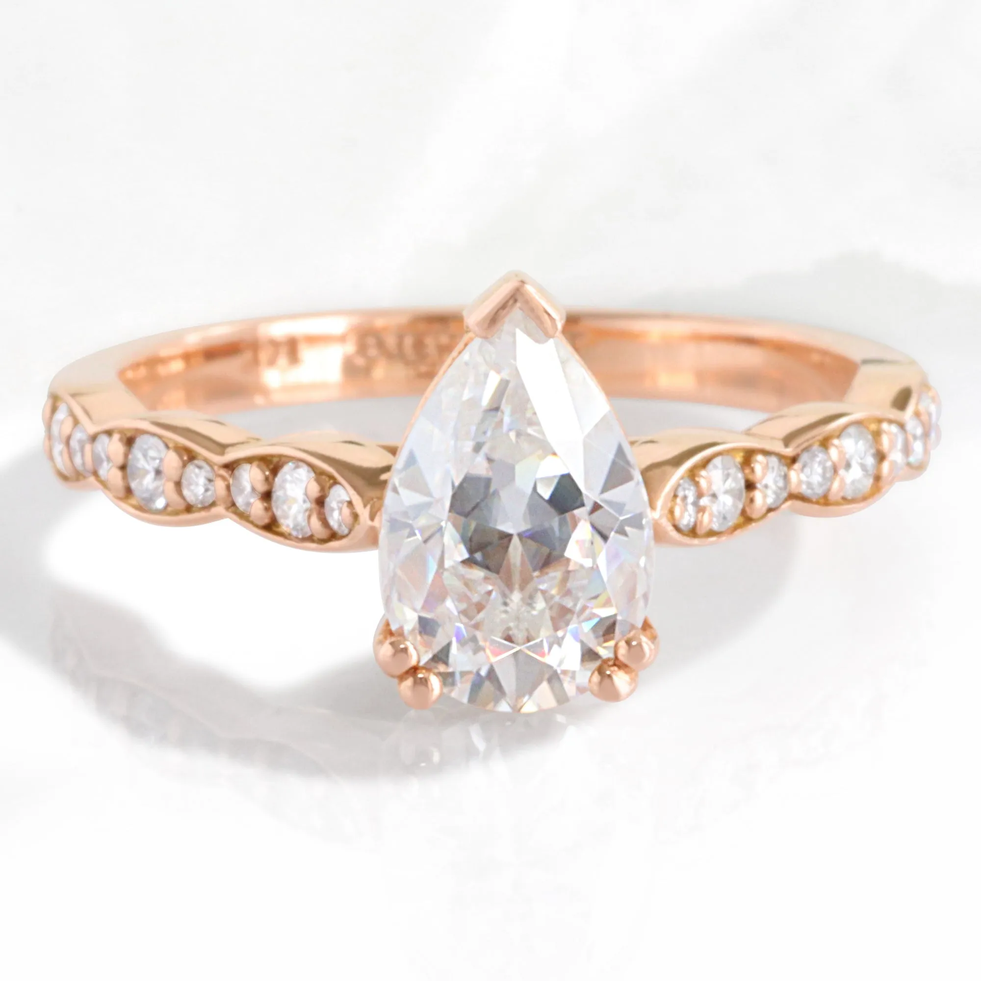 Pear Moissanite Solitaire Ring in 14k Rose Gold Scalloped Diamond Band, Size 6.25