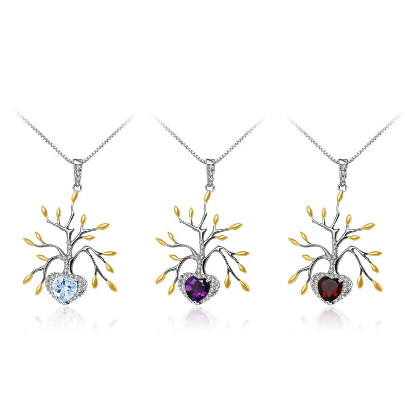 Premium Design Natural Colourful Gemstone Life Tree Pendant Silver Necklace for Women