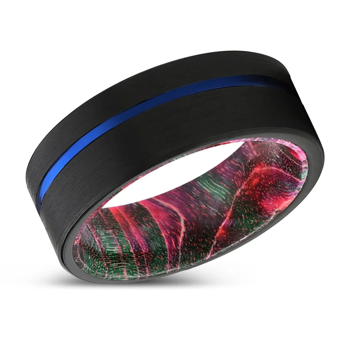 PSEUDO | Green & Red Wood, Black Tungsten Ring, Blue Offset Groove, Flat