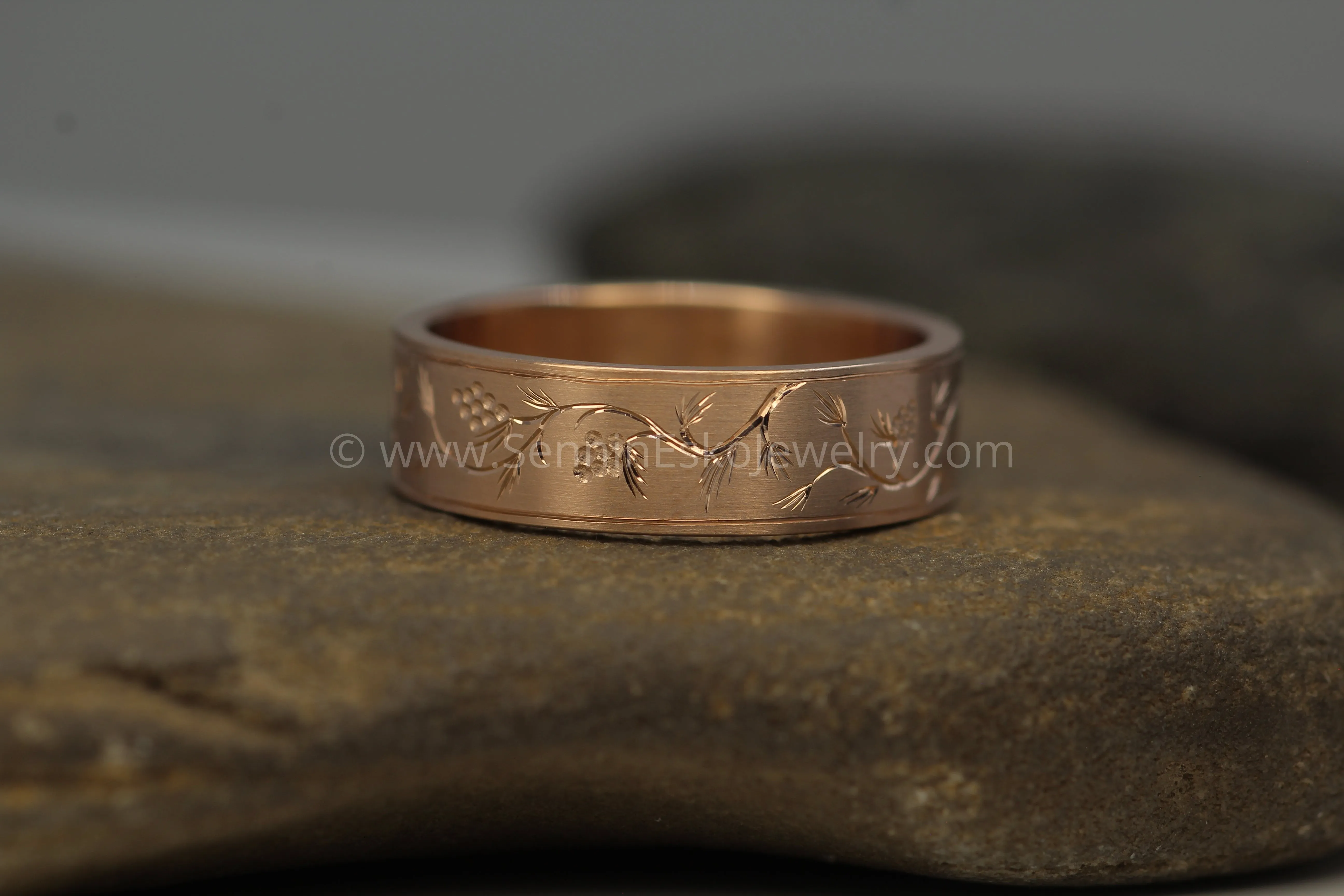 READY TO SHIP 6x1.2mm Pine Sprigs & Pine Cones Rose Gold Ring Size 8.5 - Bright Cut Engraved Band