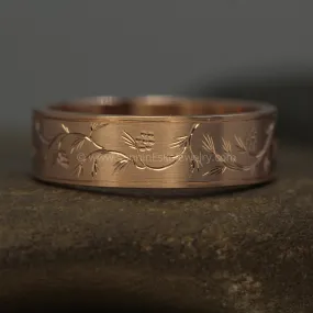 READY TO SHIP 6x1.2mm Pine Sprigs & Pine Cones Rose Gold Ring Size 8.5 - Bright Cut Engraved Band