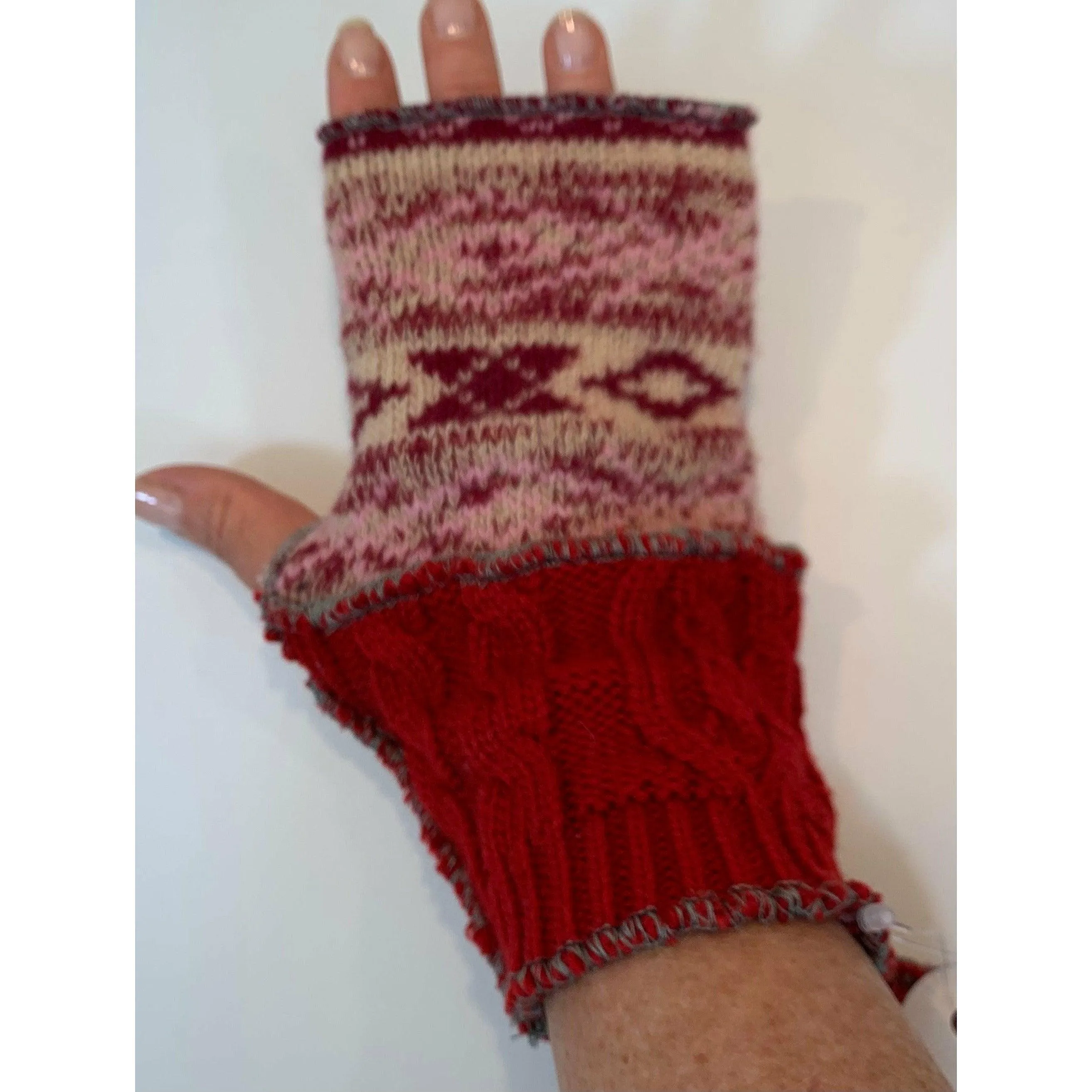 Recycled knit Scandinavian pattern sweater fingerless gloves in reds, pink n white n cables. Wear for fun, school, cashiers, fingers free.