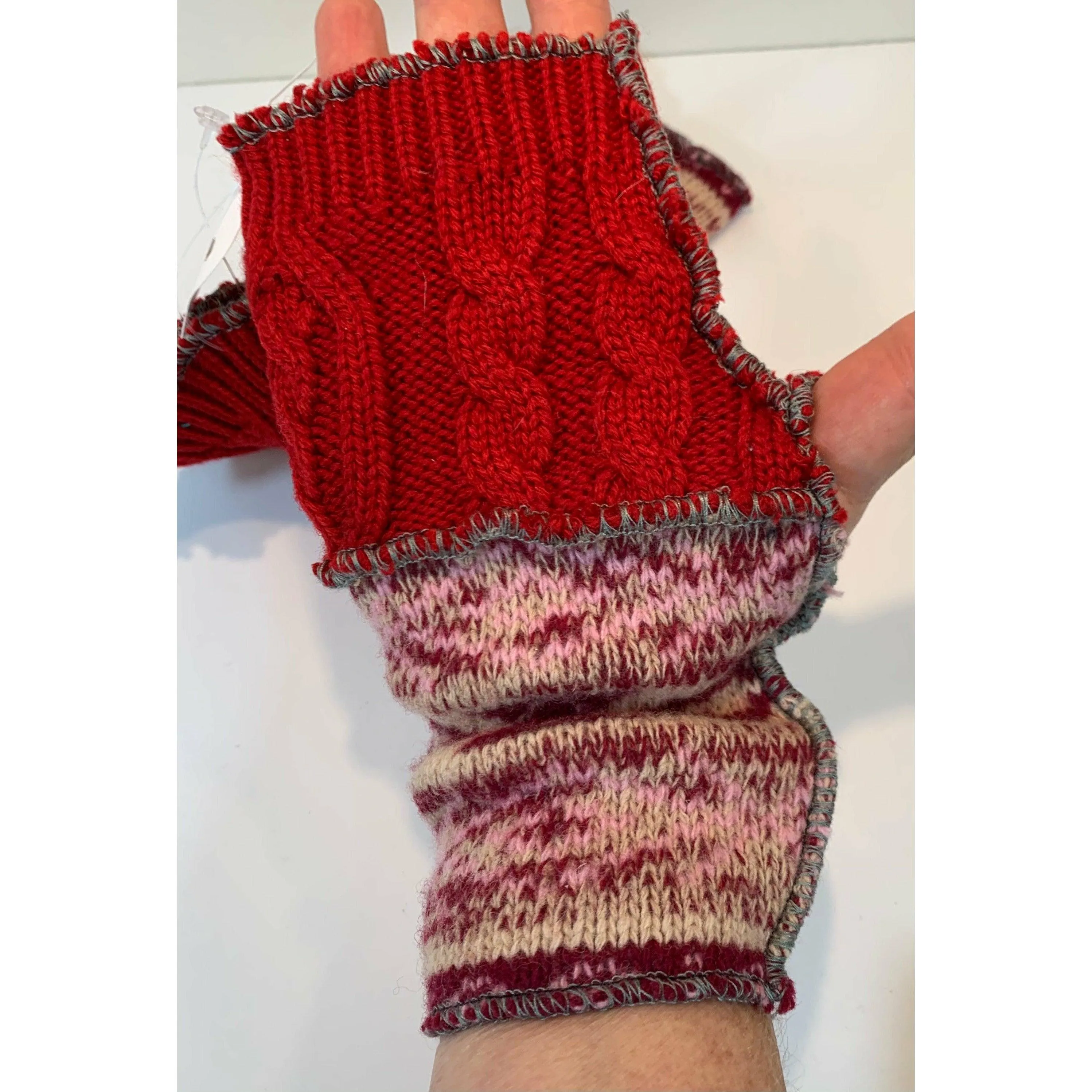 Recycled knit Scandinavian pattern sweater fingerless gloves in reds, pink n white n cables. Wear for fun, school, cashiers, fingers free.