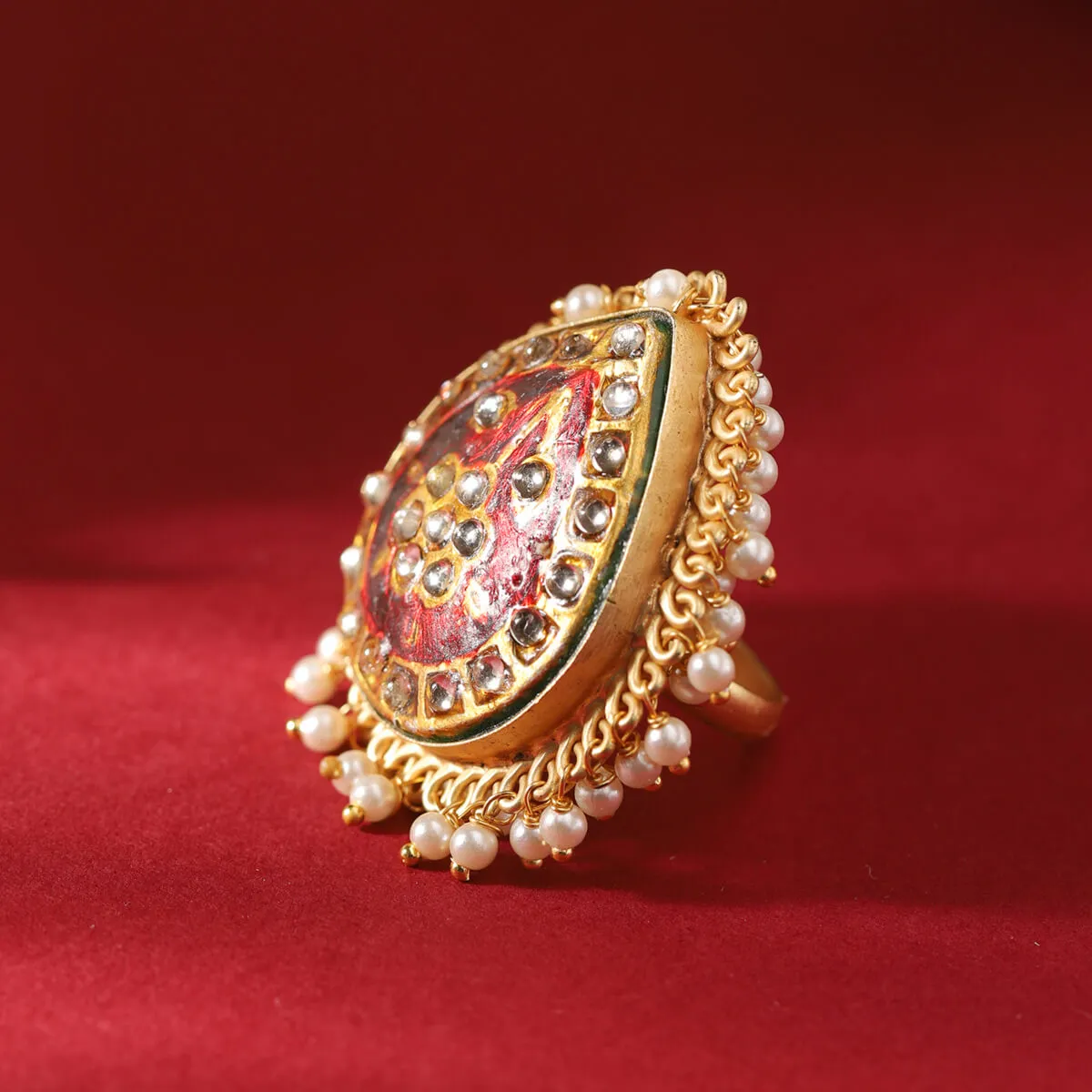 Red Stone Kundan Ring