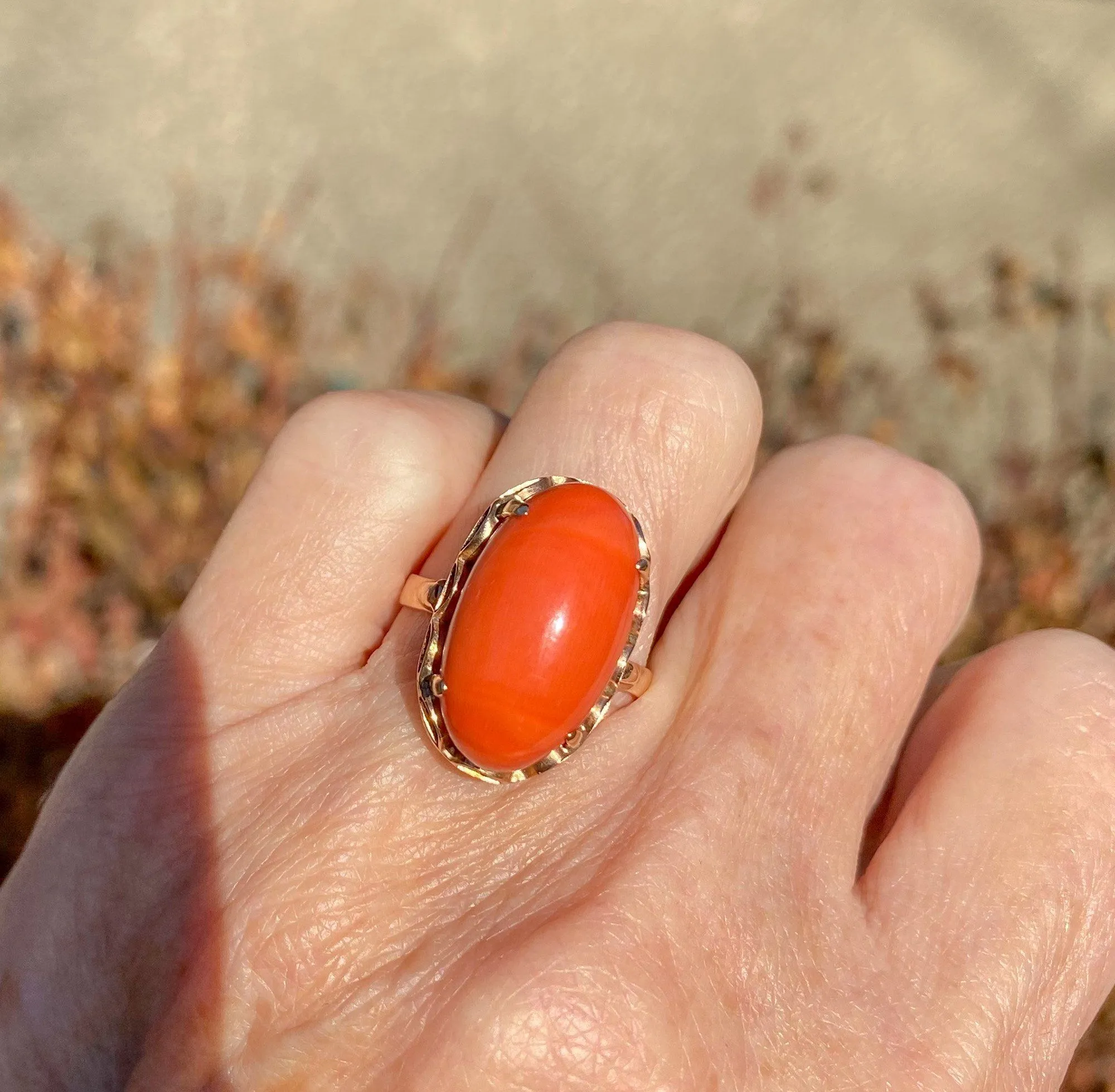 Retro Large Natural Coral Oval 14K Gold Ring