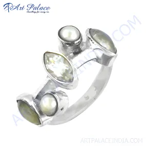 Rocking Style Cubic Zirconia, Rainbow Moonstone, White Pearl Gemstone Silver Ring