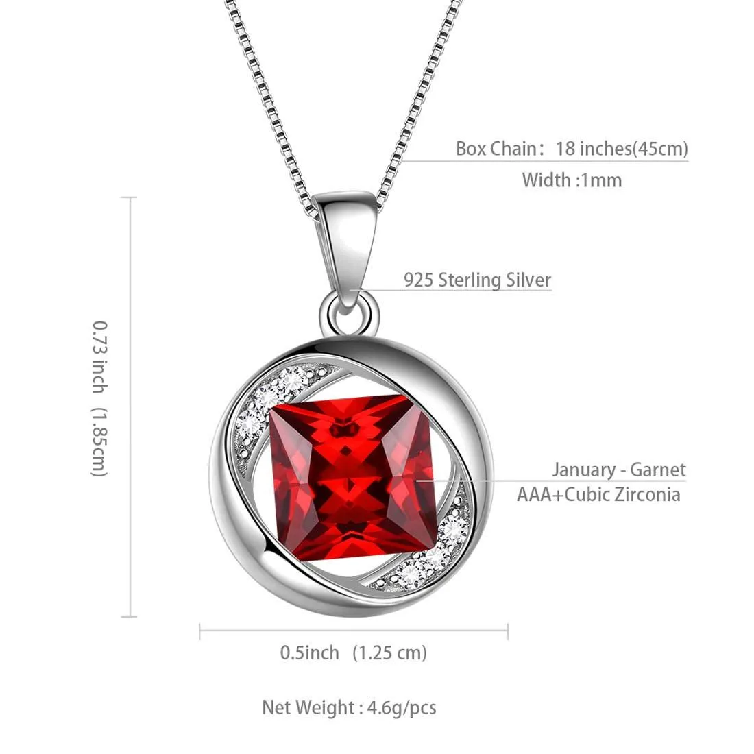 Round Birthstone January Garnet Necklace Pendant Women Girls Jewelry Birthday Gift