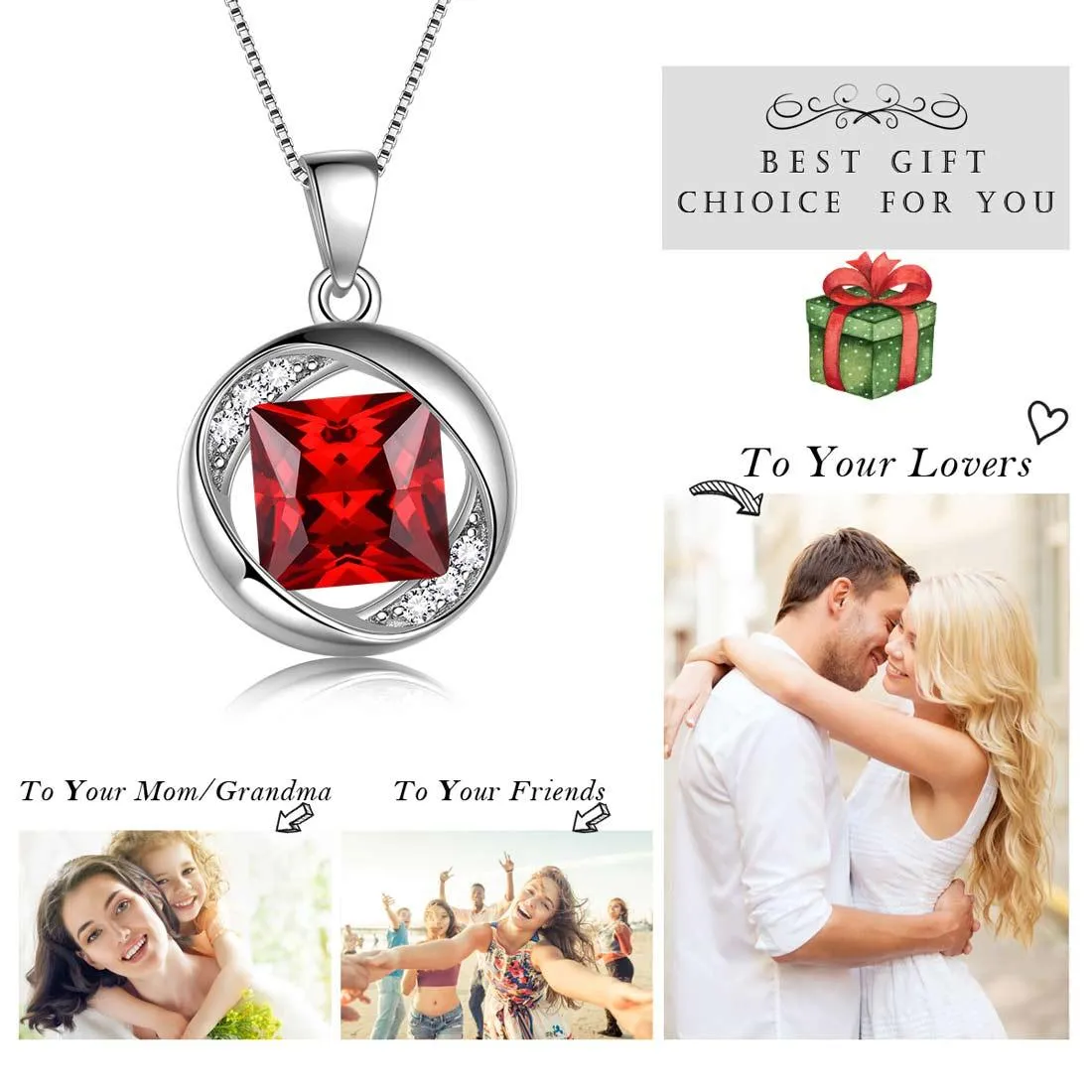 Round Birthstone January Garnet Necklace Pendant Women Girls Jewelry Birthday Gift