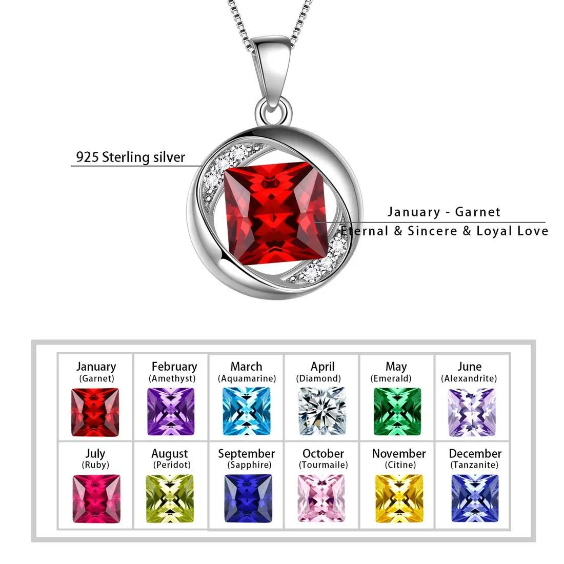 Round Birthstone January Garnet Necklace Pendant Women Girls Jewelry Birthday Gift