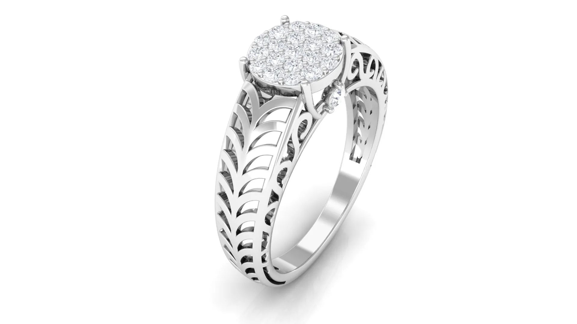 Round Cut Real Diamond Engagement Ring with Gold Filigree Shank