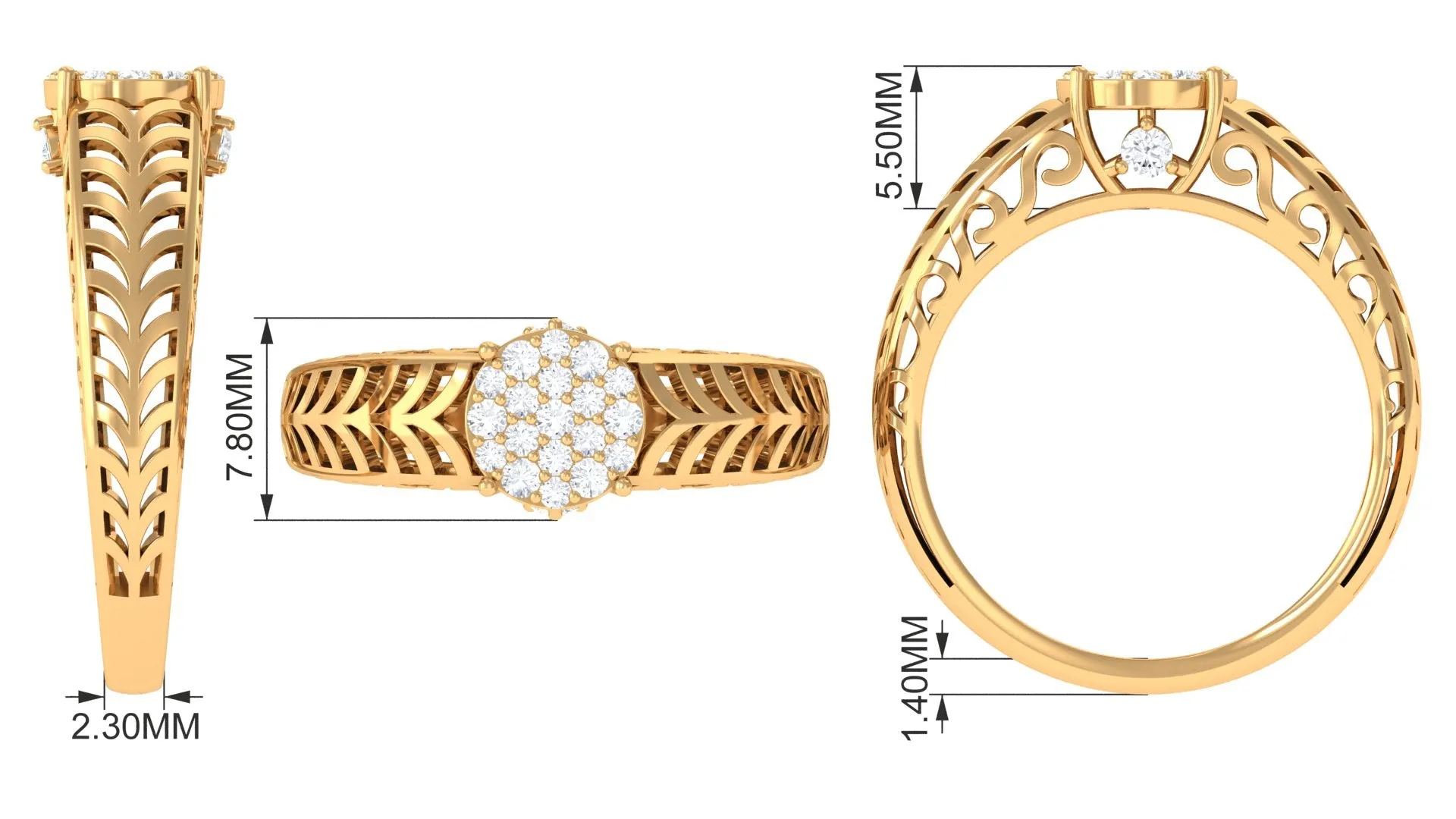 Round Cut Real Diamond Engagement Ring with Gold Filigree Shank