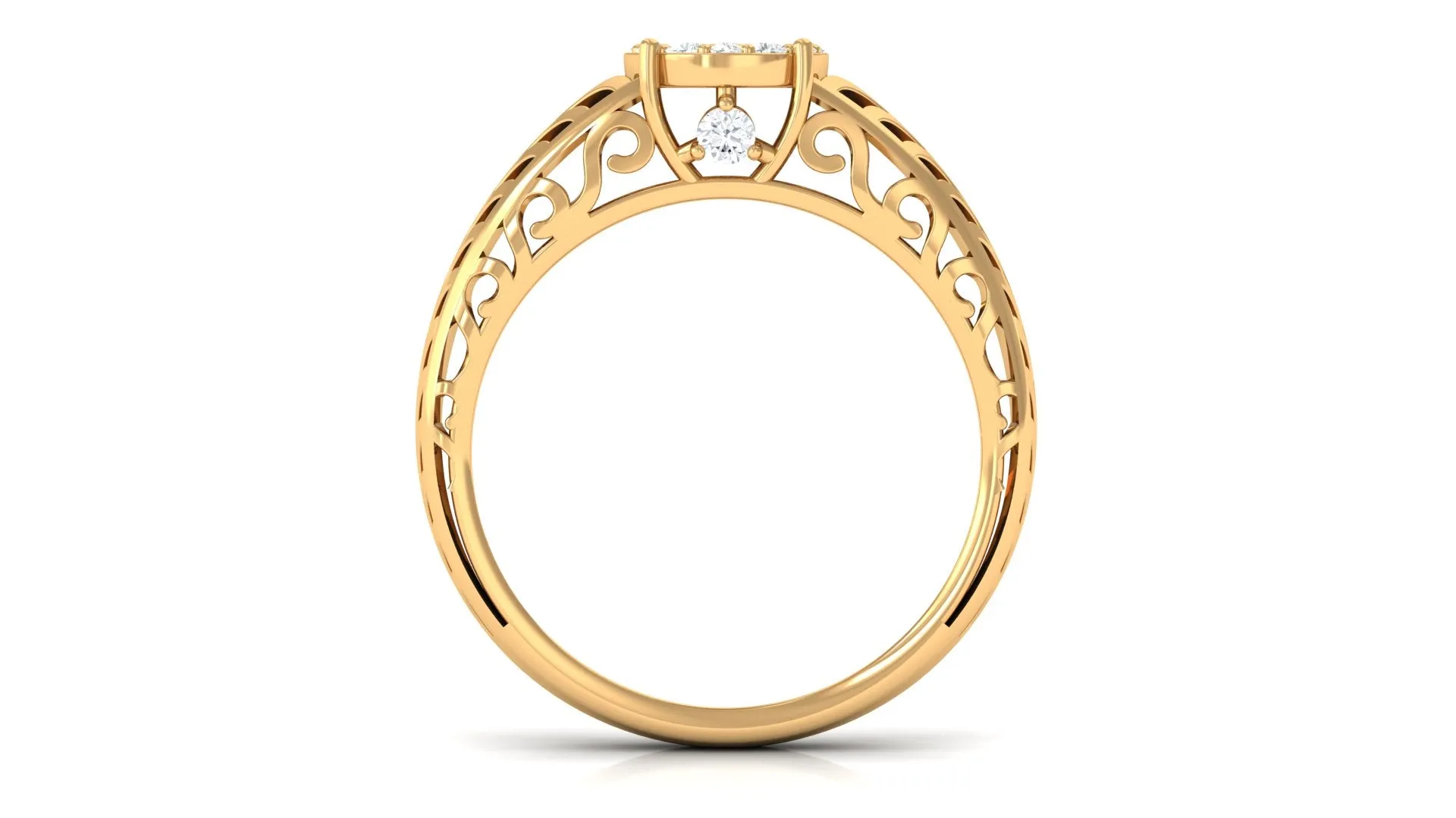 Round Cut Real Diamond Engagement Ring with Gold Filigree Shank