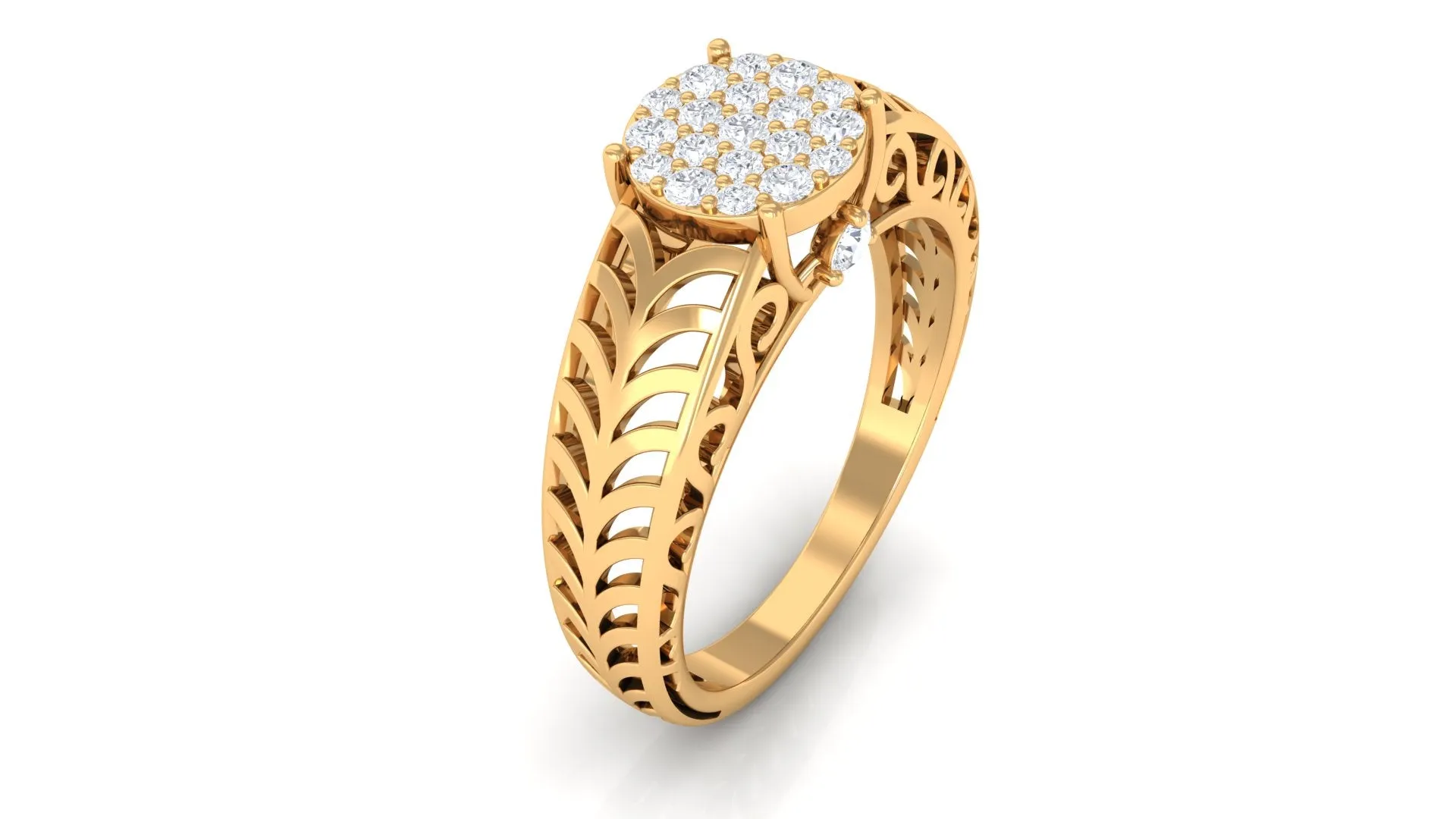 Round Cut Real Diamond Engagement Ring with Gold Filigree Shank