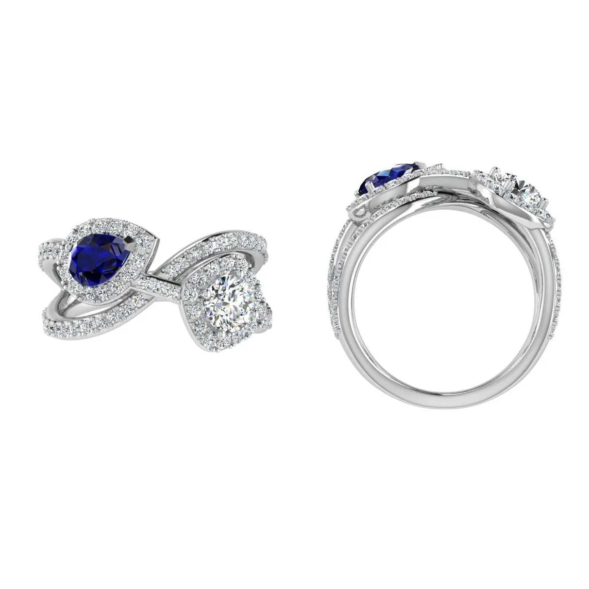 Round Diamond and Pear Sapphire Toi Et Moi Ring