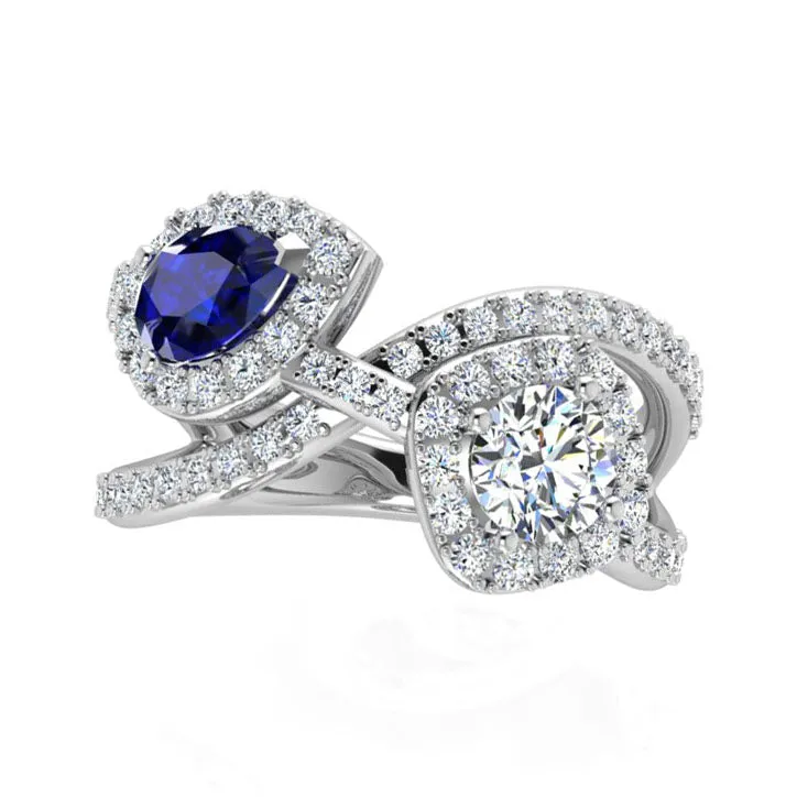 Round Diamond and Pear Sapphire Toi Et Moi Ring