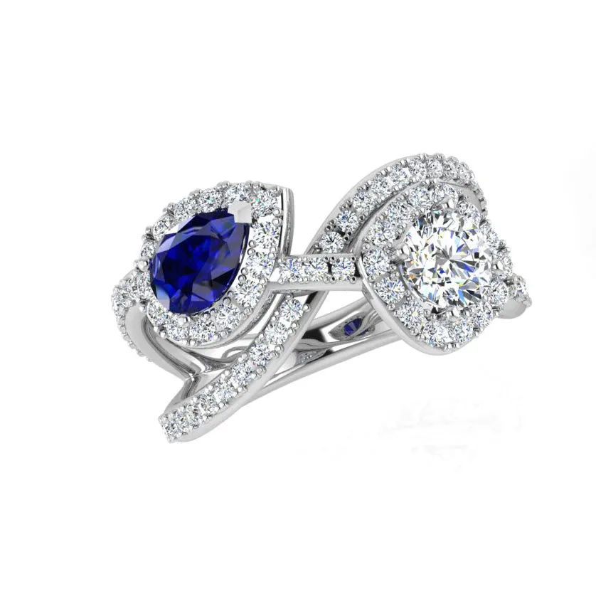 Round Diamond and Pear Sapphire Toi Et Moi Ring