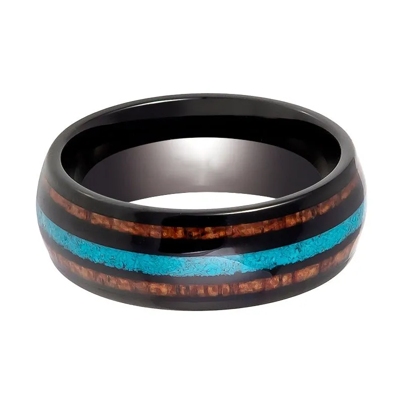 RYKER | Black Tungsten Ring, Koa Wood & Turquoise Inlay, Domed