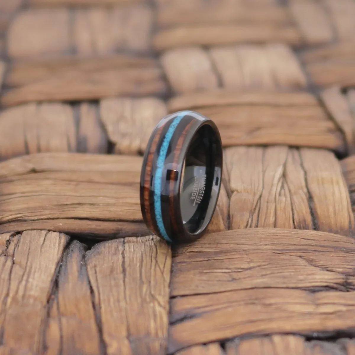 RYKER | Black Tungsten Ring, Koa Wood & Turquoise Inlay, Domed