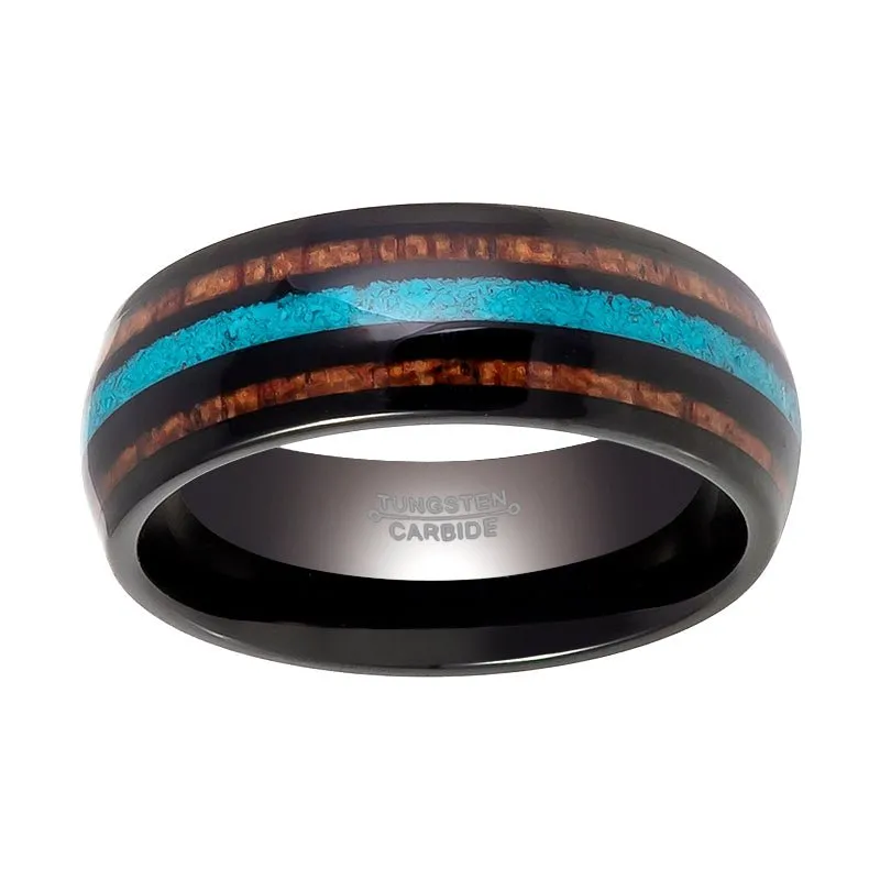 RYKER | Black Tungsten Ring, Koa Wood & Turquoise Inlay, Domed