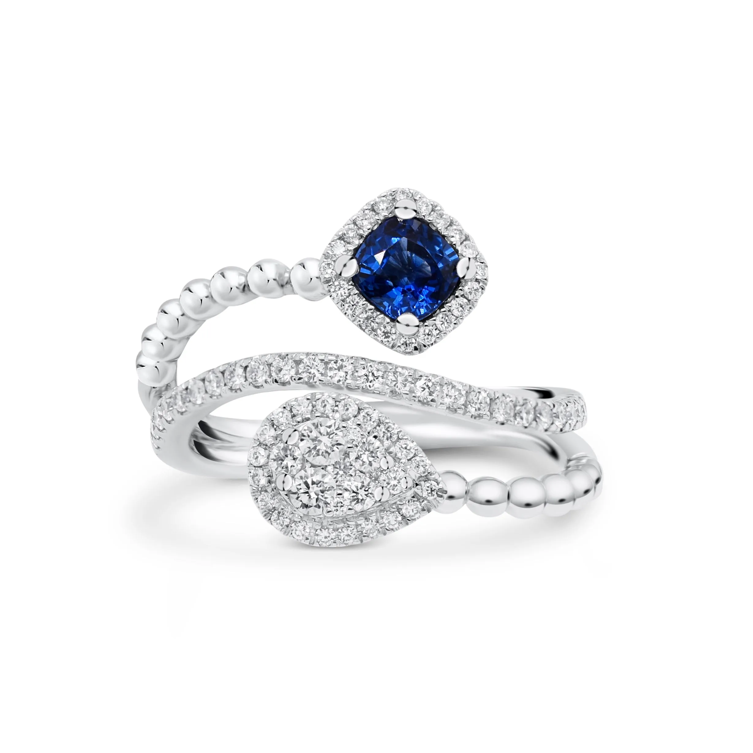 Sapphire Cushion & Diamond Teardrop Bypass Ring