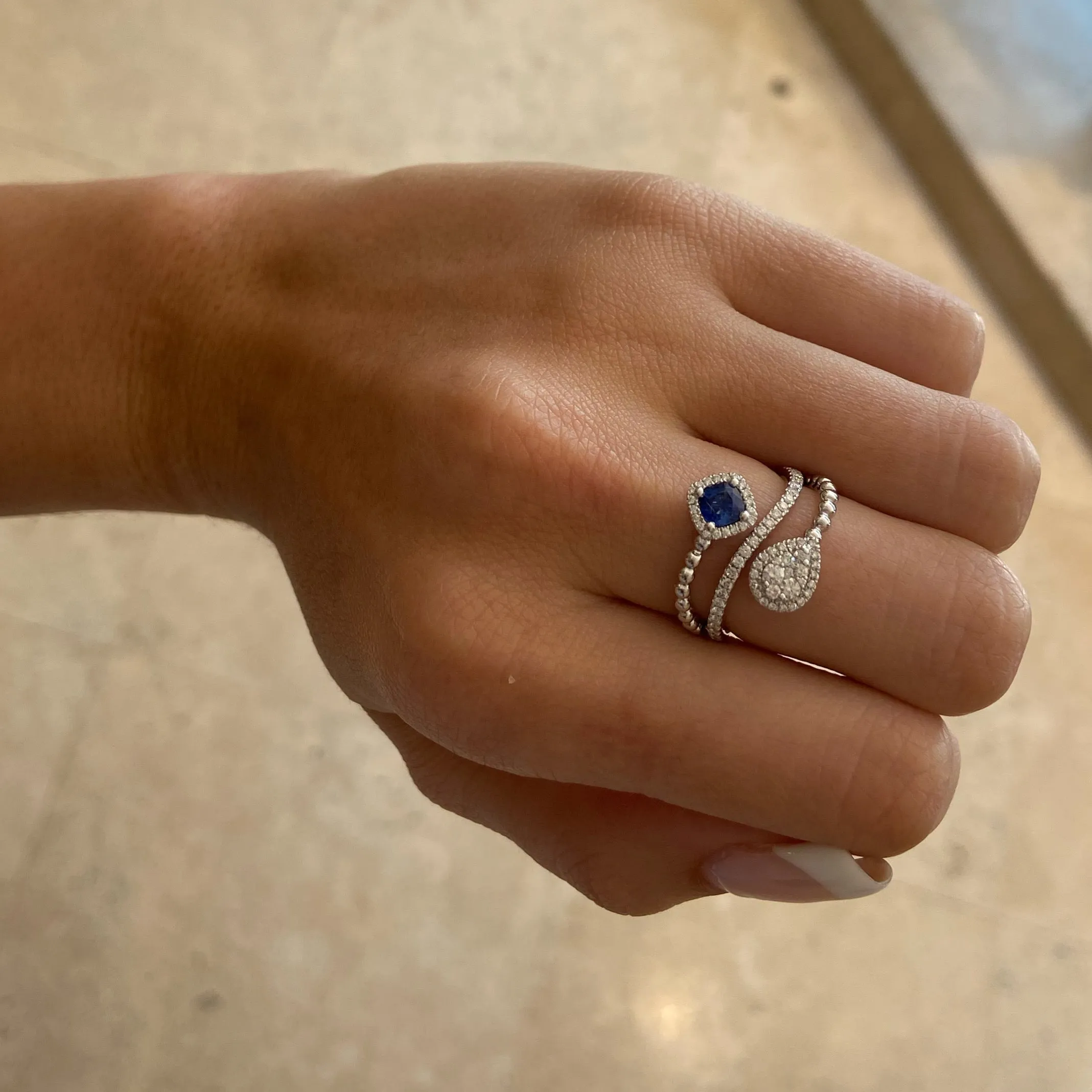 Sapphire Cushion & Diamond Teardrop Bypass Ring