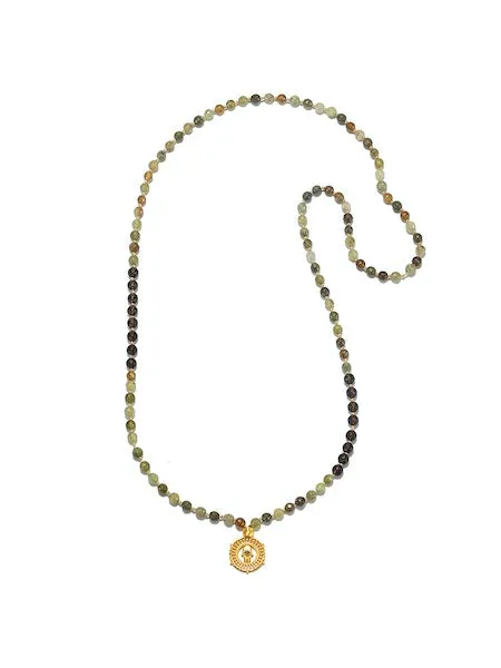 SATYA SMOKEY QUARTZ GREEN GARNET MALA