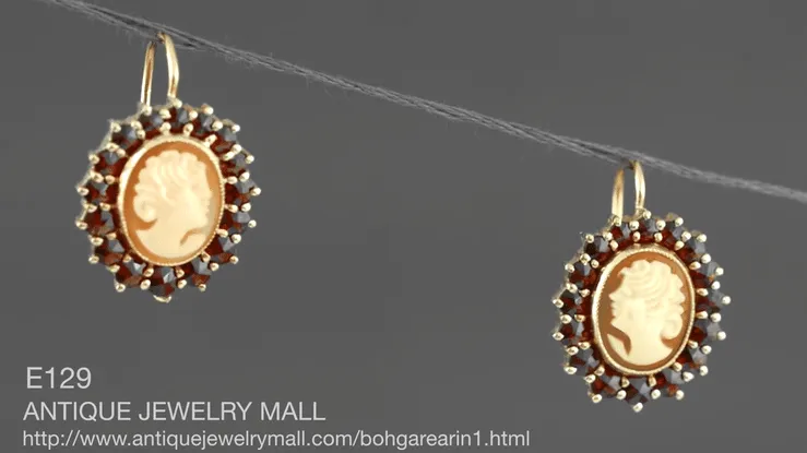 Shell Cameo Earrings with Bohemian Garnet Frames in 14 Karat Yellow Gold & Sterling Silver Vermeil