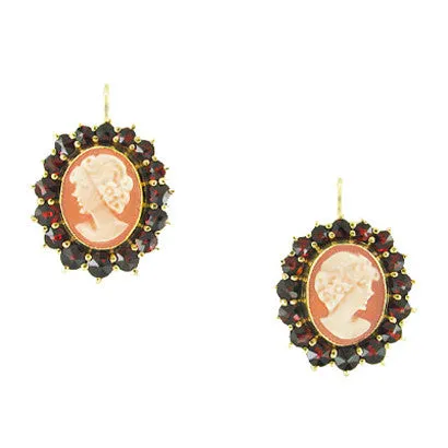 Shell Cameo Earrings with Bohemian Garnet Frames in 14 Karat Yellow Gold & Sterling Silver Vermeil