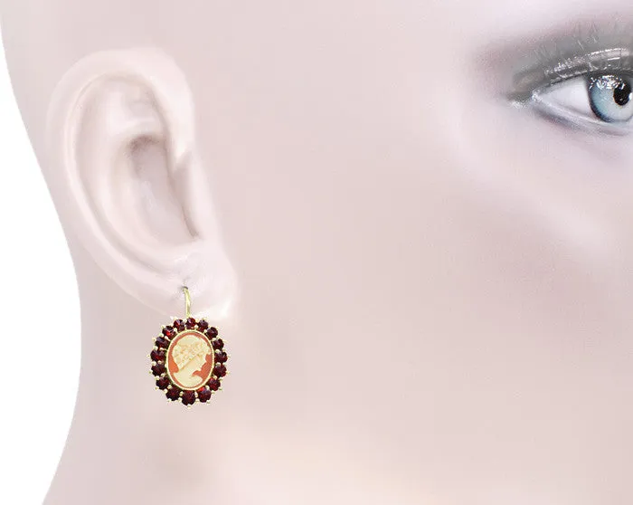 Shell Cameo Earrings with Bohemian Garnet Frames in 14 Karat Yellow Gold & Sterling Silver Vermeil