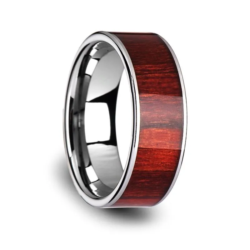 SHERWOOD | Silver Tungsten Ring, Brazilian Rose Wood Inlay, Flat