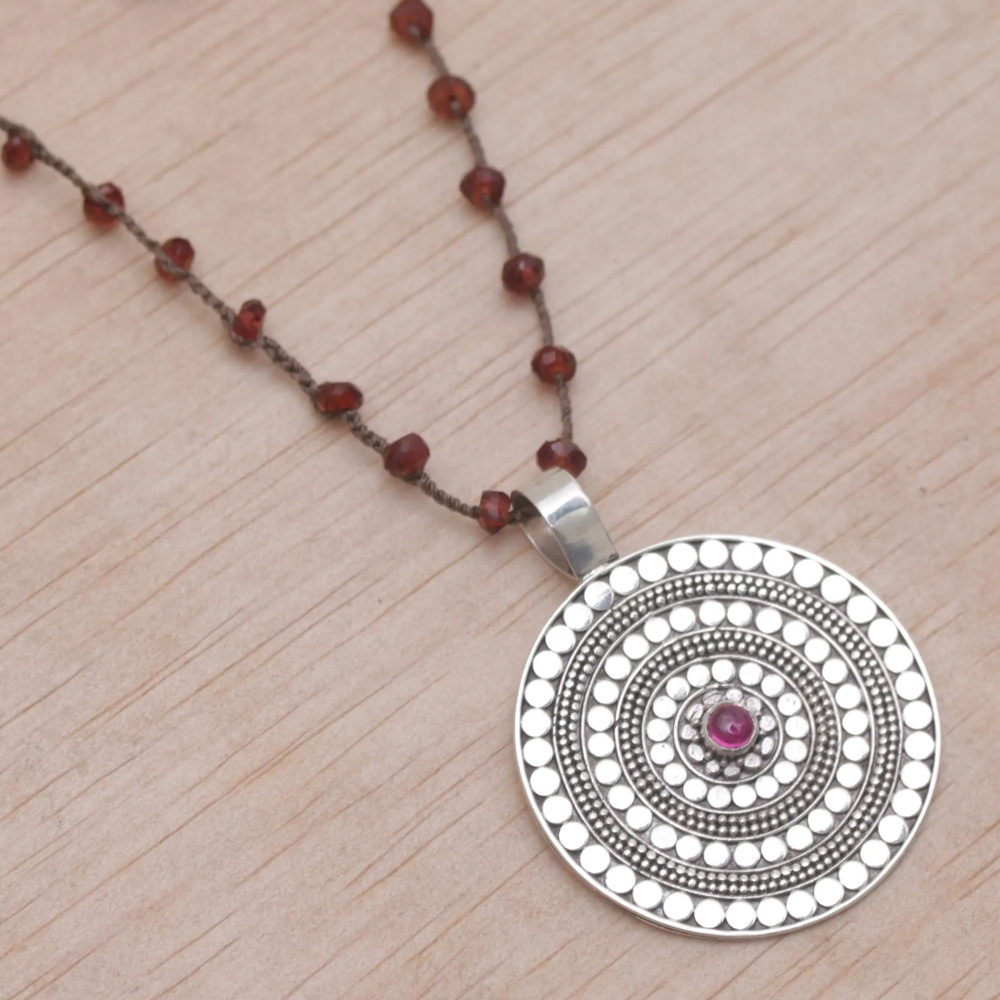 Shining Shield in Brown Handmade 925 Sterling Silver Rhodolite Cord Pendant Necklace