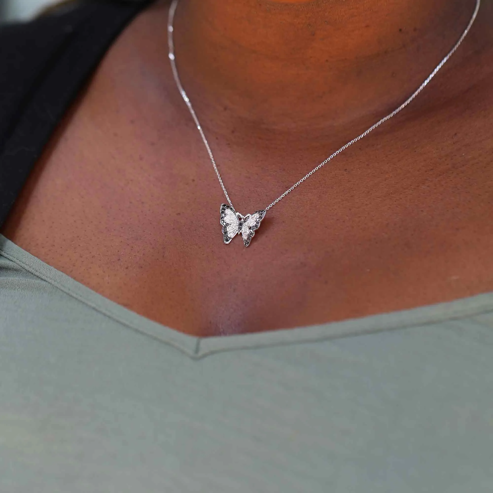 Silver Black Emperor Butterfly Diamond Necklace