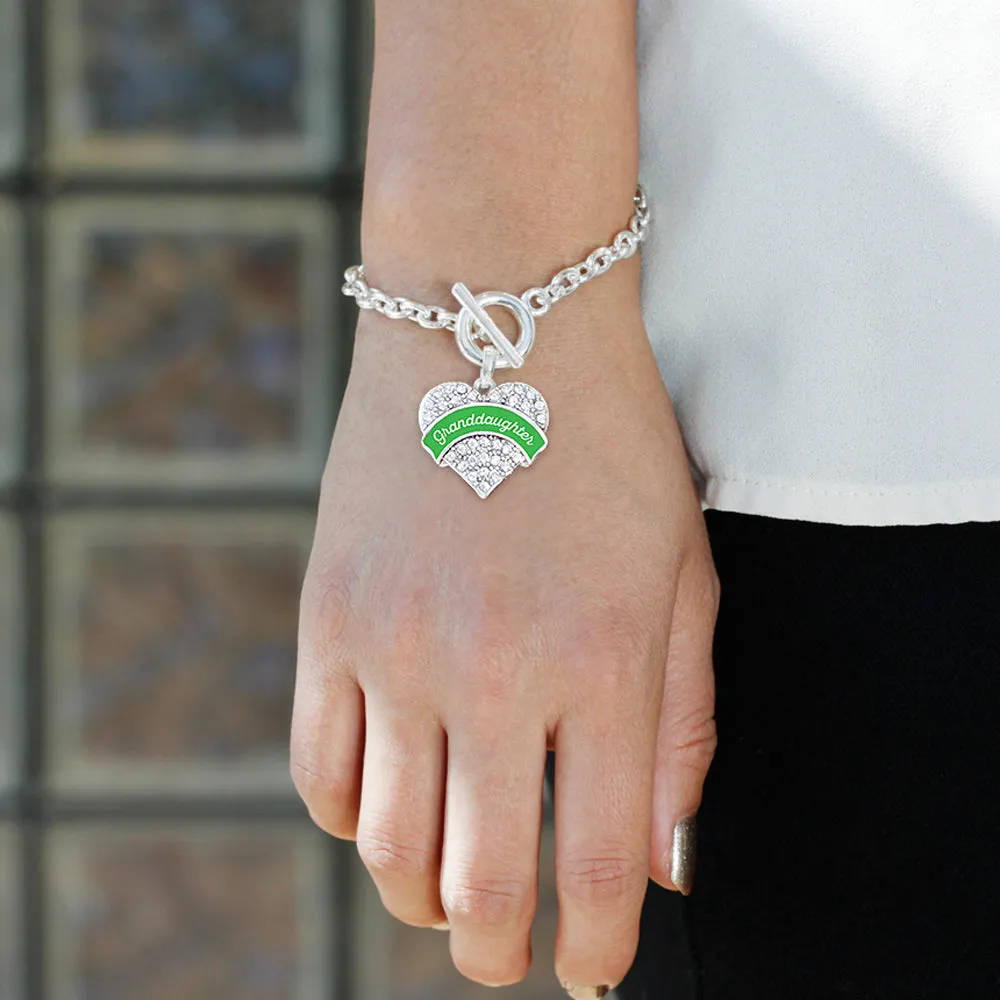 Silver Emerald Green Granddaughter Pave Heart Charm Toggle Bracelet