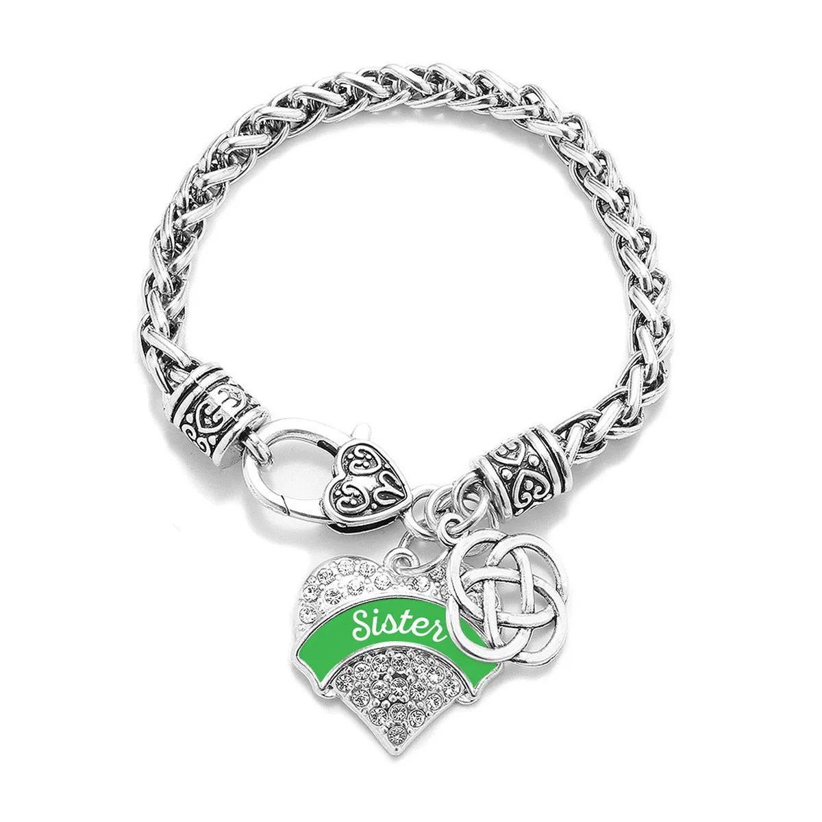 Silver Emerald Green Sister Celtic Knot Pave Heart Charm Braided Bracelet