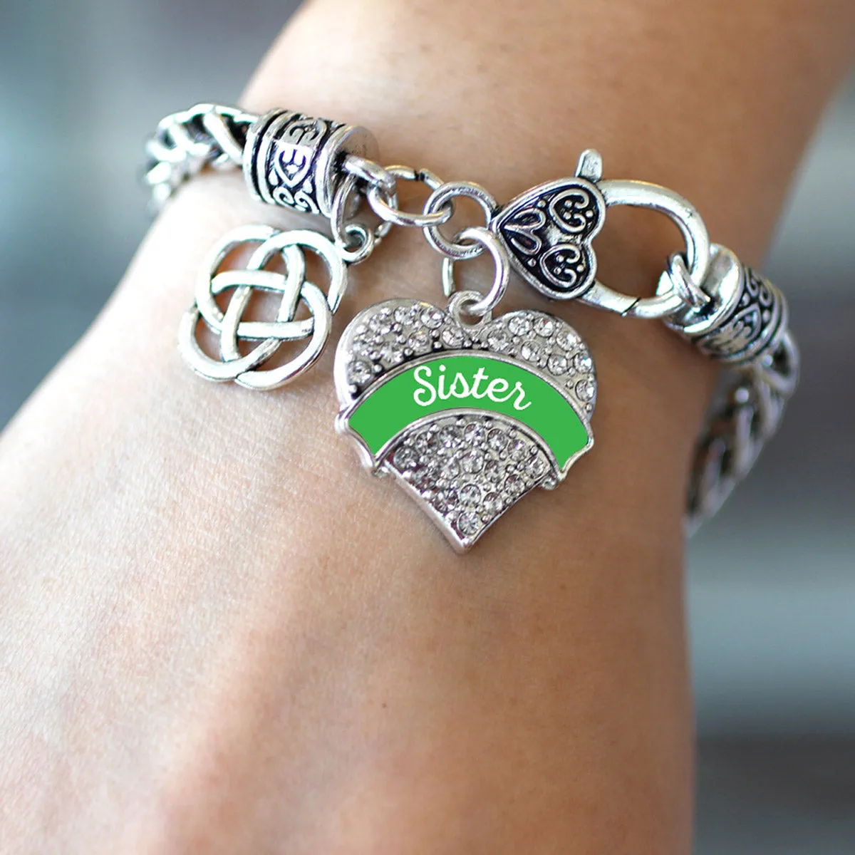 Silver Emerald Green Sister Celtic Knot Pave Heart Charm Braided Bracelet