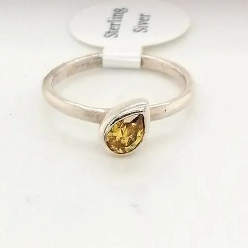 Silver Yellow Topaz CZ Pear Stacking ring